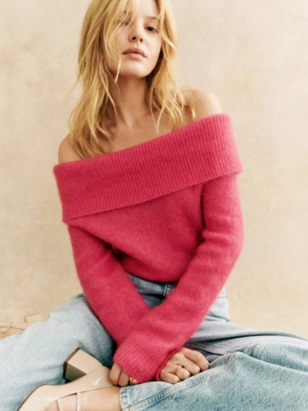 New Sezane Aurore Mohair Wool Off-Shoulder Sweater Pop Pink Large